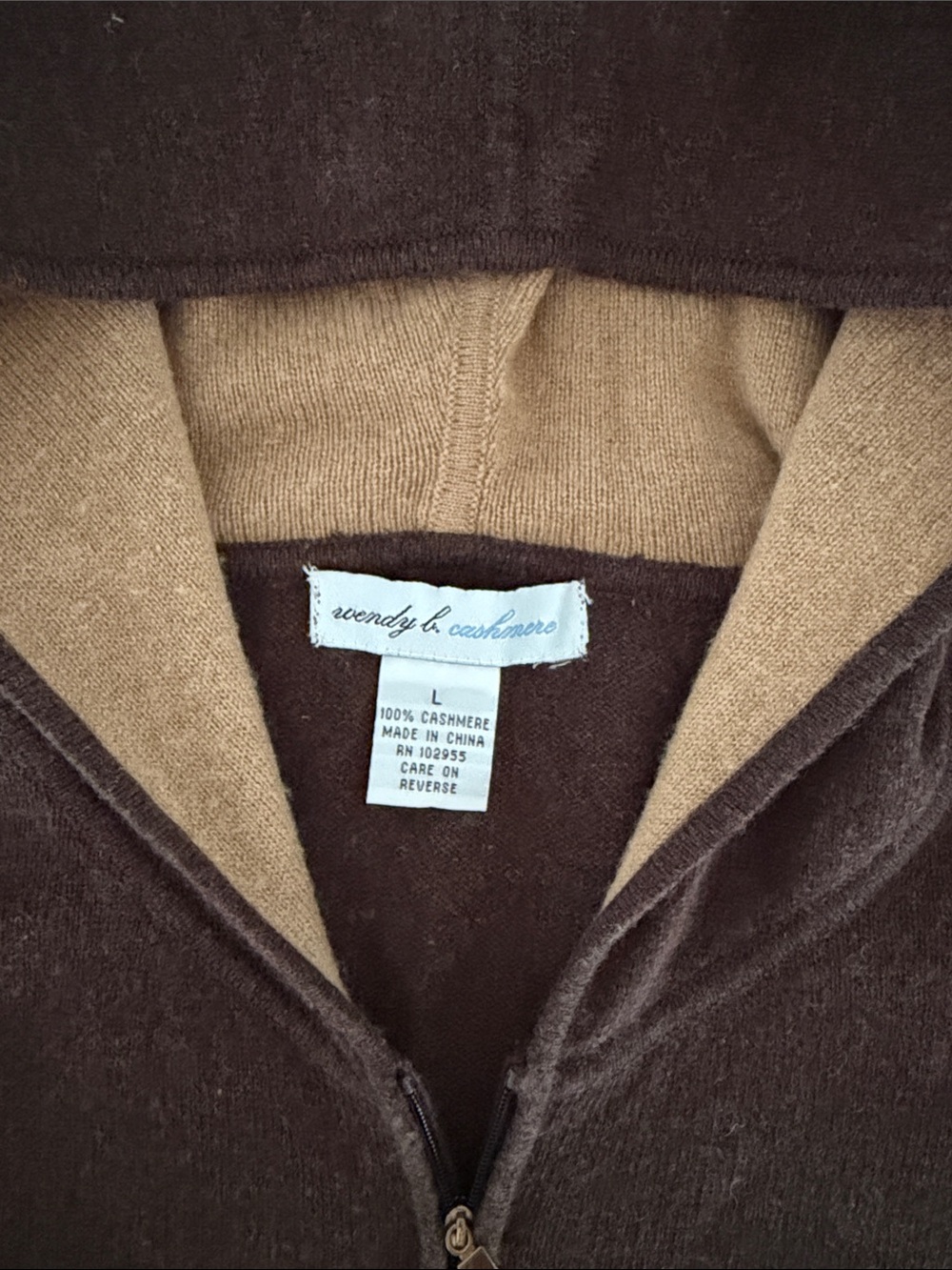 Wendy B. Cashmere Brown/Beige Zip-Front Cashmere Sweater Hooded